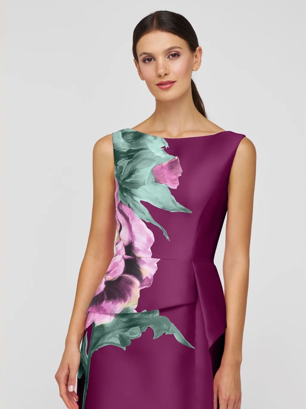 new Kay Unger Luciana floral mikado column gown in Mulberry combo - Picture 2 of 9